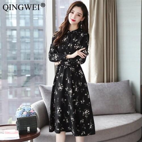 Autumn Winter Black Vintage Floral Chiffon Midi Dress Plus Size Boho Dresses 2019 Elegant Women Party Long Sleeve Dress Vestidos