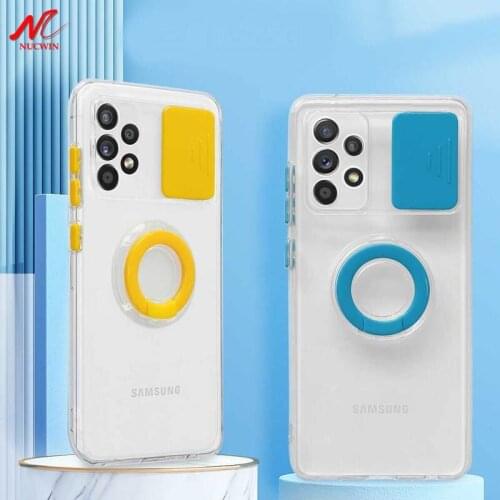 Candy Color Transparent Slide Camera Protection Case for Samsung S21 Plus Ultra Galaxy A52 A72 A12 A32 Ring Holder Stand Fundas