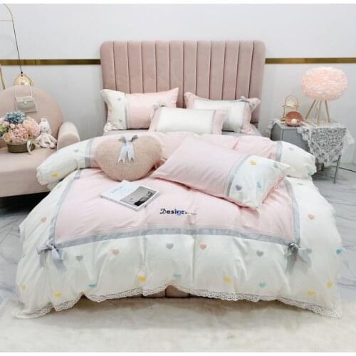 Pink heart embroidery bedlinen Bedding Set King Queen Size Bed Linen 600TC egyptian Cotton Duvet Cover Bed Sheet Set Pillowcases
