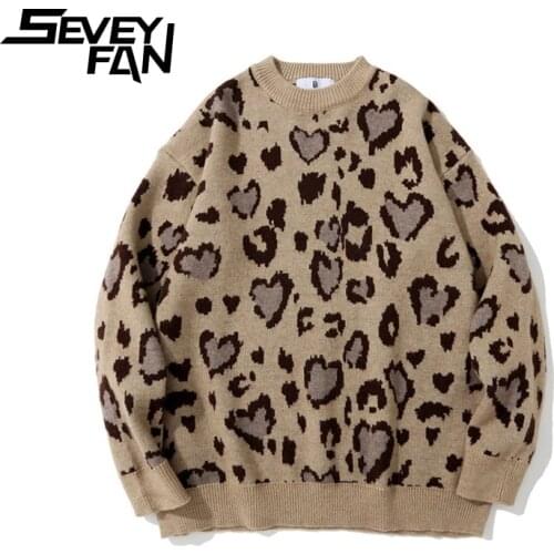 SEVEYFAN Mens Fashion Leopard Jacquard Sweaters Loose O Neck Kintwear Hip Hop Pullover Sweater for Couples