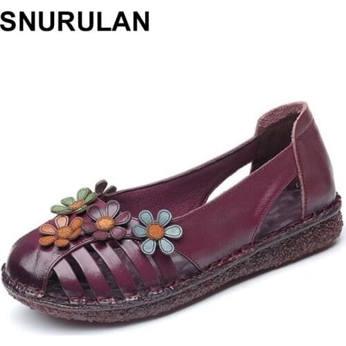 SNURULAN genuine leather ladies summer flat shoes woman without lace casual loafers with flowers round toe soft comfort women