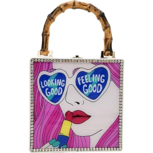 Acrylic Cartoon Pattern Evening Bags Women Retro Stitching Rhinestone Squre Totes Bag Luxury Wedding Dinner Purses and Handbags