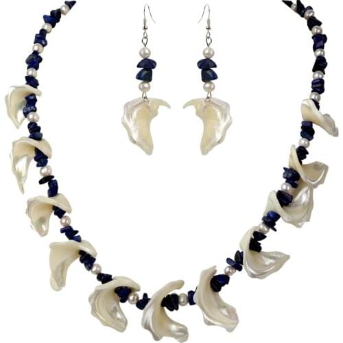 YACQ Lapis Lazuli Mother of Pearl 925 Sterling Silver Choker Necklace Dangle Drop Earrings Jewelry Set Gifts for Women Mom