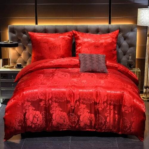 Jacquard duvet cover set soft satin silky bedding down cover pillowcase set with zipper seal, red, medium size double bed