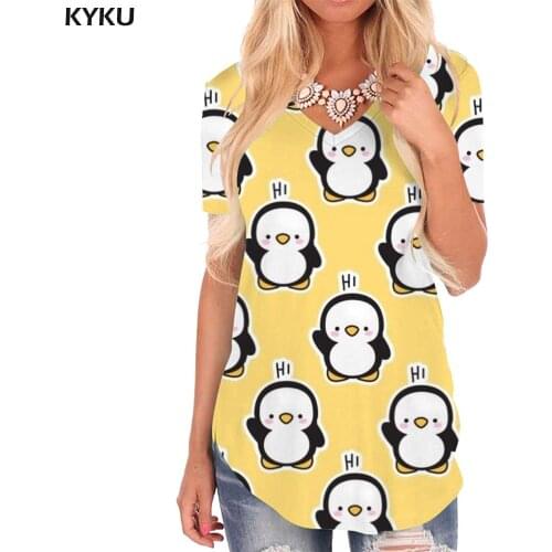 KYKU Penguin T Shirt Women Animal V-neck Tshirt Yellow Tshirts Printed Lovely T-shirts 3d Womens Clothing Fashion Printed Style