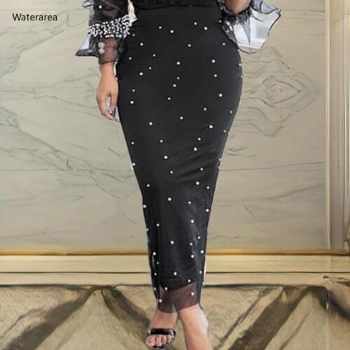 New 2019 Autumn Plus Size Sexy Night Club Party Mesh Bead Skirts Womens High Waist Solid Color Pencil Skirt 63235