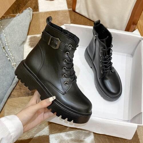 White Black PU Leather Ankle Boots Women Autumn Winter Round Toe Lace Up Shoes Woman Fashion Motorcycle Platform Botas