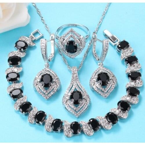10-Colors Jewelry Sets 925 Silver Black Cubic Zirconia Necklace And Earrings Bracelet And Ring Women Accessories Sets