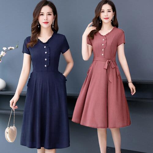 Chic Short Sleeve Plus Size Pleated Women Dress 2021 Spring Summer Lace-up Vestidos New High Waist Vintage Midi Dresses X83