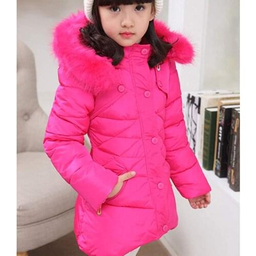 Girls Winter Fur Hooded Coat 3 5 6 8 10 12Year Teens Toddlers Girl Cotton Padded Red Pink Blue Purple Warm Snowsuit Clothes