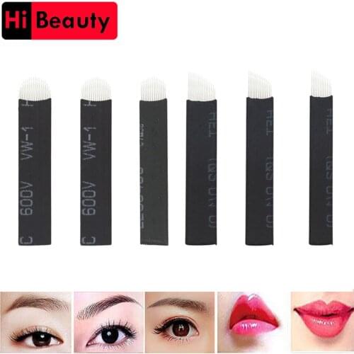 100PCS/lot Black 12 14 18 Pin U14 U16 U18 Slant Tattoo Needles Micro Blade Cartridges For Permanent Eyebrow Makeup Manual Pen