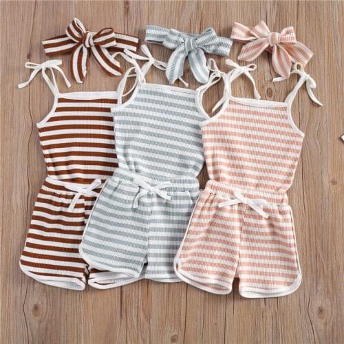 Girls Clothes Set 2021 Summer Sleeveless Striped Bandage T-shirts+Bow Shorts for Boys Girls Kids Clothes Children Girls Clothing