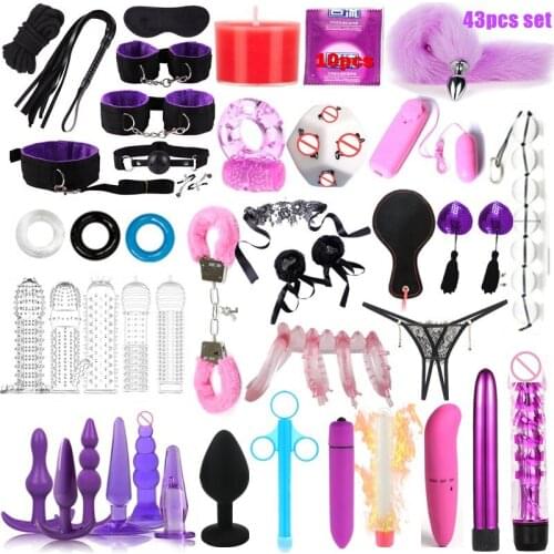 43pcs set Sex Toys for Men Male Masturbator Sex Handcuffs Whip Mouth Gag Sex Anal Vibrator Bondage Set Sexy Lingerie Toys