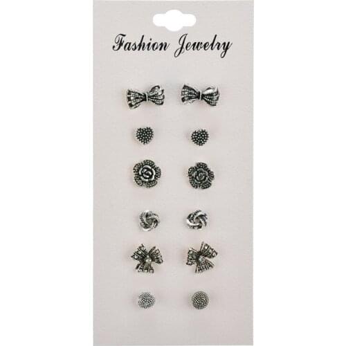 6 pairs of ancient silver-plated butterfly ear nails, female earrings, earrings