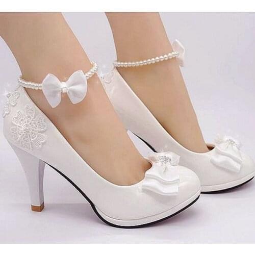 9CM high heels white satin butterfly-knot wedding pumps shoes bridal ankle beading anklet brides party dinner satin bow pumps