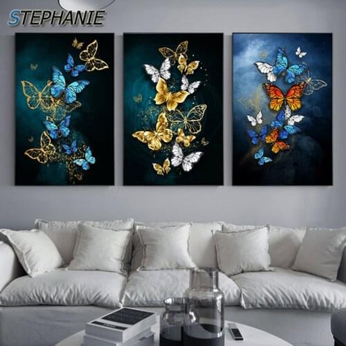Abstract Golden Blue Butterfly Wall Art Modern Wall Pictures For Living Room Cuadros Salon Big yelloow butterfly Poster n Print