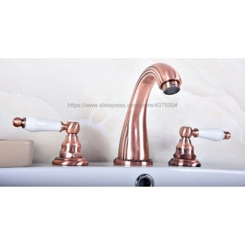 Antique Red Copper Double Handle Basin Faucet Deck Mounted Bathroom Tub Sink Mixer Taps Widespread 3 Holes Nrg081
