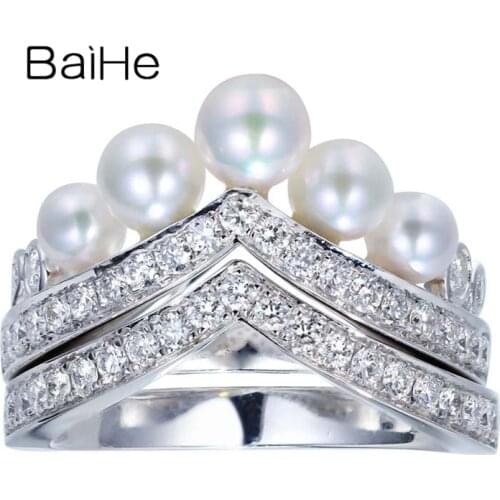 BAIHE Solid 14K White Gold Freshwater Pearls 0.38ct H/SI Natural Diamonds Wedding Band кольца Trendy V-shaped Crown Ring