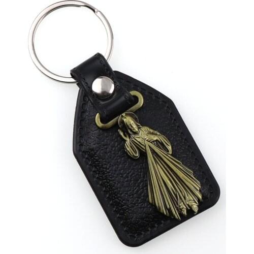 PU Leather KeyChains divine mercy Charms pendants for Men Black Tag Antique Bronze Plated Hook Key Holder Car Key Holder