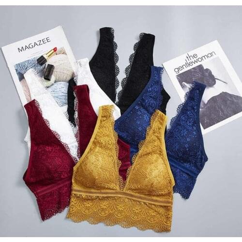 Bra Women Bralette Deep-V Breathable Sexy Lace Padded Solid Color Lingerie Wire Free Jacquard Bra brasier mujer