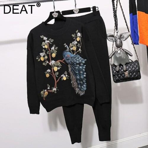 DEAT Women Embroidery Knitting Sweater High Waist Elasticity Long Pants New Two Piece Set Fashion Autumn Winter 2021 11D2634