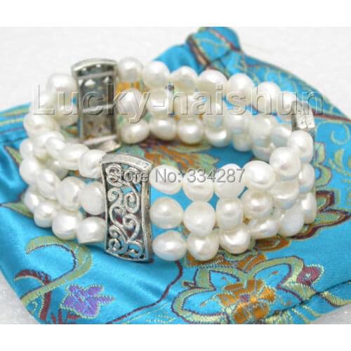 Stretchy! 3row 9mm natural white Baroque pearls bracelet springy