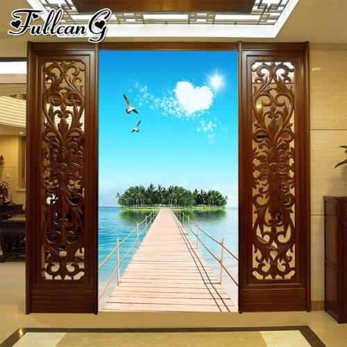 FULLCANG Wooden bridge island scenery large 5d diamond painting diy full square round drill mosaic embroidery needlework FC2424