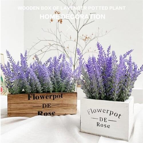Artificial Lavender Flower Pot Simulation Lavender Pot Fake Flower Plant With Wooden box Home Living Room Wedding Decoration