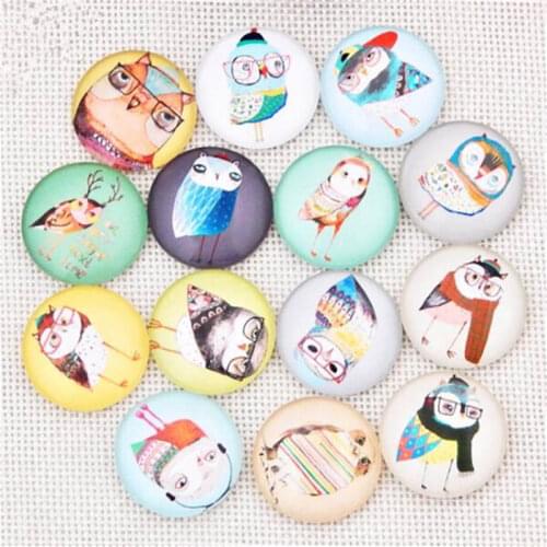 Julie Wang 8-30mm Glass Cabochons Mixed Cartoon Owl Patterns Fat Back Round Bird Demo Jewelry Making Accessory