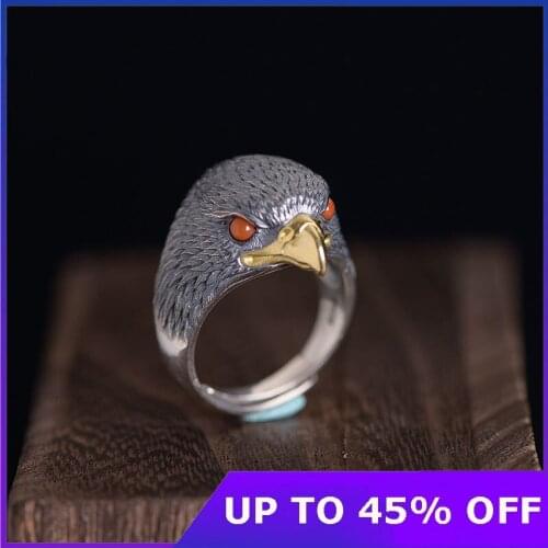Genuine 925 Sterling Silver Vintage Thai Silver Ring for Men Fashion Eagle Head Eyes Inlaid Red Agate Open Ring Fine Jewelry