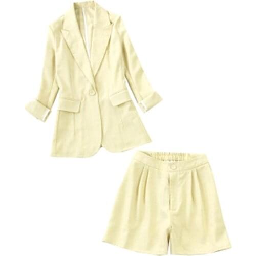 Fashion suit womens womens summer new high quality large size long-sleeved suit + wide-leg shorts thin yellow suit women