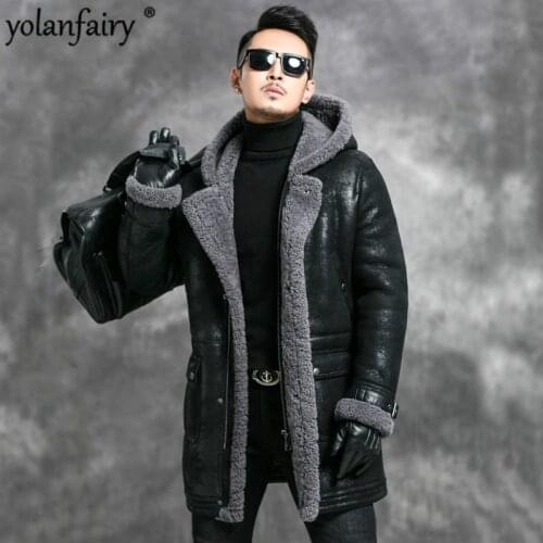 Sheep Shearling Jacket Men Winter Real Fur Coat Mens Genuine Leather Jacket Hooded Vintage Long Thick Leather Coats 4670 KJ3583