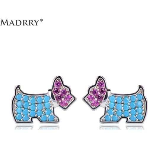 Madrry Copper Metal Dog Zodiac Stud Earrings Dog Shape Blue Pink Cubic Zirconia Girls Love Ear Piercing Pequeno Brincos Wedding