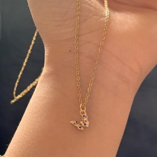 Cute Simple Color Micro Pave CZ Mini Butterfly Shape Pendant Necklace Trendy Crystal Charm Chain Choker Necklace Women Jewelry