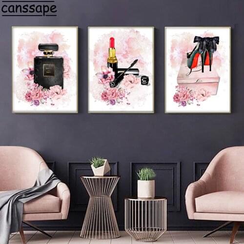 Fashion Poster Perfume Bottle Print High Heels Canvas Painting Makeup Wall Posters Modern Wall Painting For Living Room Decor