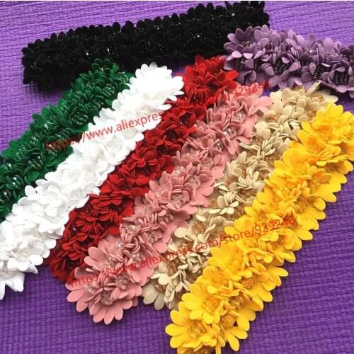 Yellow white red black green beige fabric flower trims for scarf decoration crystal beaded flower patch for garments accessory