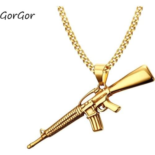 GorGor Necklace Men Titanium Steel Golden Pattern Machine Gun Pendant Individuality Fashionable Hipster Accessories PN-555