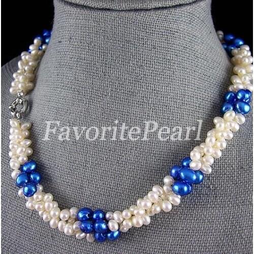 New Arrival Favorite Pearl Necklace 19 inch 3 Strand AA White Blue Color Natural Freshwater Pearl Necklace Wedding Fine Jewelry