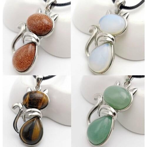 Natural Stone Necklaces Pendants for Women Girl Cute Cat Shape Rock Pink Quartz Black Onyx Beads Chain Reiki Jewelry 1PCS