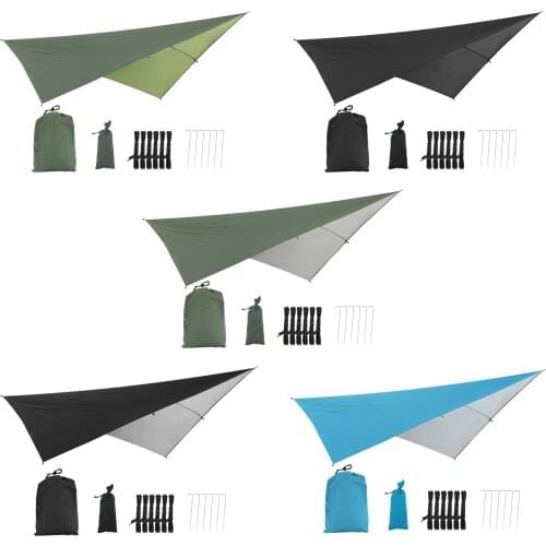 Hammock Rain Fly Tent Tarp Tarpaulin, Sunshade Groundsheet Windproof Camping Picnic Outdoor Tarpaulin 5 ropes, 6 Stakes Nails