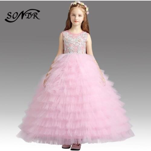 Pink Flower Girl Dresses HT080 Elegant Tiered Tulle Pricess Ball Gowns O-neck Appliques Lace Flower Girls Dress For Weddings