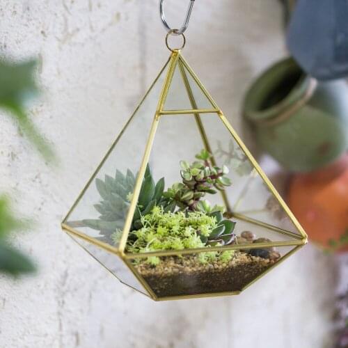 Garden Golden Diamond Shape Glass Geometric Terrarium Wedding Wall Hanging Decoration Planter Pot for Succulent Air Plant Flower