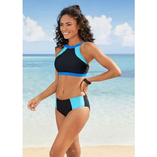 New European and American Sexy Swimsuit Solid Color Stitching High Waist Similia Style Bikini