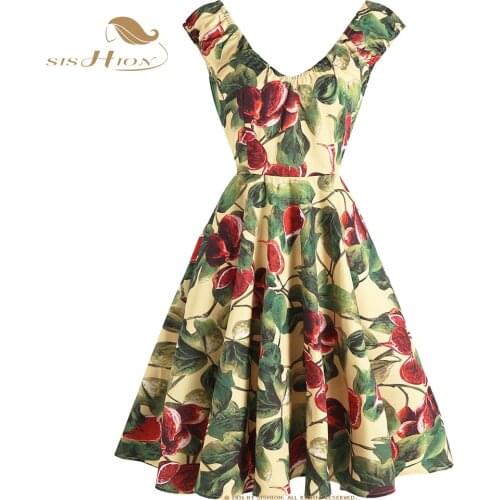 SISHION Floral Print V Neck Sexy Women Summer Dress vestidos VD1913 Short Sleeve Swing Plus Size 50s 60s Retro Vintage Dresses