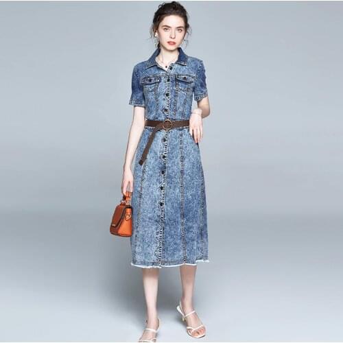 SMTHMA Women 2021 New Summer Elegant Denim Dress Short Sleeve Office Chic Femme Vintage Designer Runway Dress Vestidos