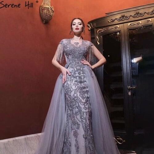 Serene Hill Grey Crystal Tassel Luxury Evening Dress 2020 Latest Design O-Neck Sleeveless Lace Formal Party Gown CLA60845