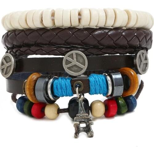 Vintage Leather Bracelets Set Alloy Peace Tower Charm Beads Wristbands Multilayer Braided Rope Bangle Wrap Retro Fashion Jewelry