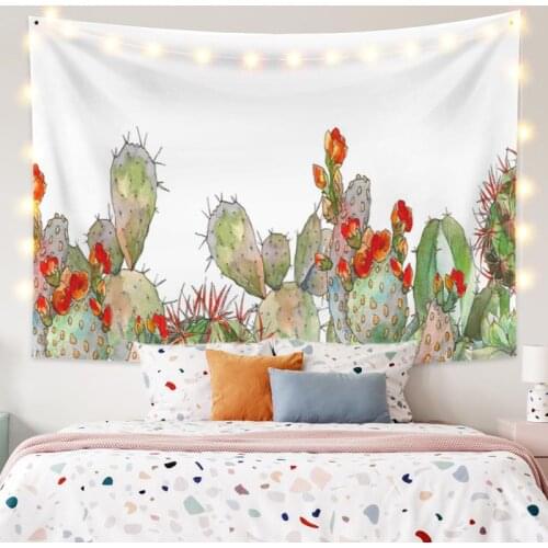 Cactus and Red Flower Tapestry Vintage Exotic Summer Plant Nature Frame for Bedroom Photography Wall Decor
