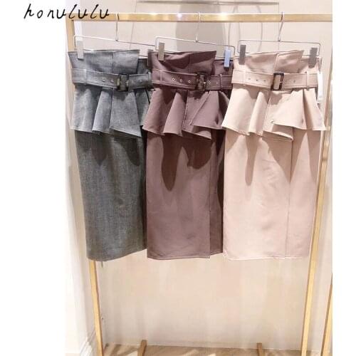 Japanese 2021 early autumn new product temperament pure color plaid frill high waist bag hip skirt female