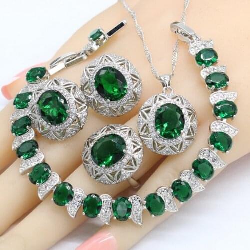 Silver Color Jewelry Sets For Women Gift Green Semi-precious Necklace Pendant Stud Earrings Ring Bracelet 2018 New